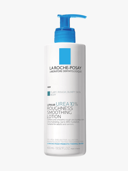 La Roche-Posay Lipikar Urea 10% Roughness Smoothing Lotion in white and blue branded bottle component on a light gray background